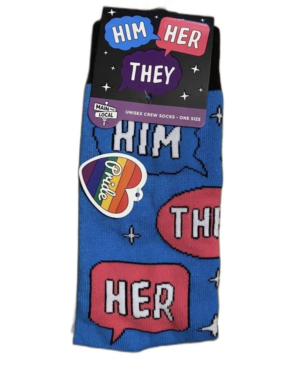Main And Local Pride "Him, Her & They" Pronouns Unisex Crew Socks